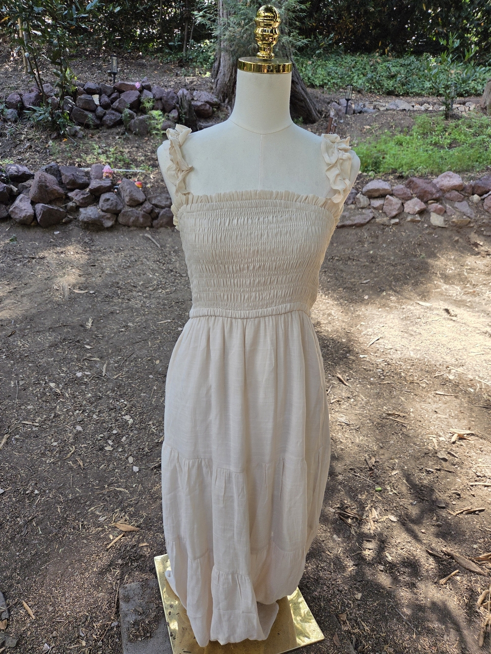 Love Tree Smocked Ruffle Strap Cream Beige Maxi Sundress